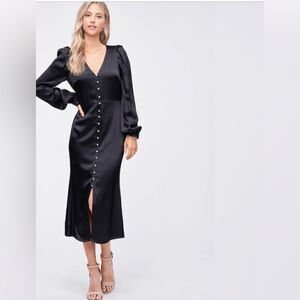 24 En Saison long sleeve black satin midi dress silver flower buttons